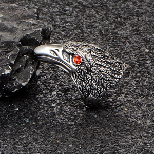 Vintage eagle head ring in stainless steel with red zircon eyes and punk carvings