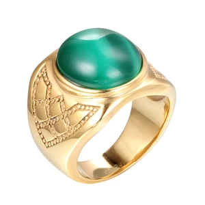 Bague pour homme en acier inoxydable doré 18K avec pierre œil de chat verte ovale