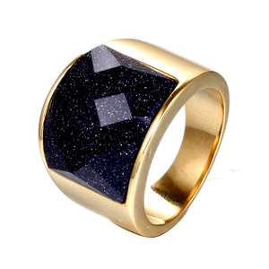 Retro court style gold titanium steel ring with a square blue goldstone cat eye gem
