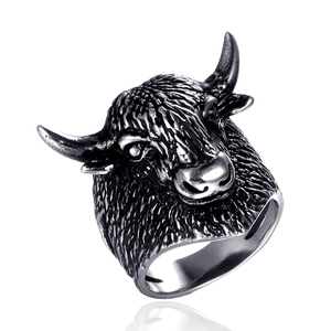 Vintage Punk Stainless Steel Bull Head Ring For Men European Dominant Distressed Buffalo Ox Skull Biker Jewelry Statement Finger Ring