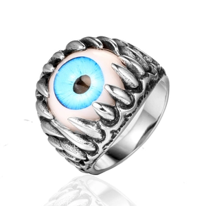 Gothic Punk Stainless Steel Eye Ring For Men Polished Vintage Claw Teeth Inlaid Stone Finger Jewelry Fashion Accessory
