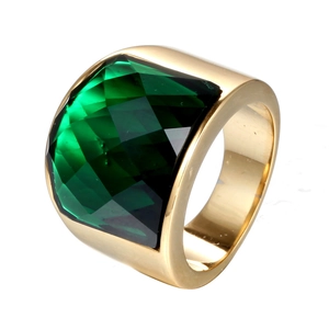 Vintage gold plated stainless steel signet ring featuring a large emerald green gemstone