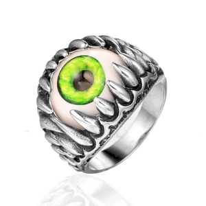 Gothic punk silver steel ring featuring a realistic green evil eye with sharp metal claws