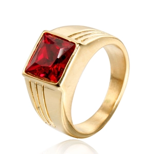 Men's titanium steel ring with a large red square gemstone and gold finish