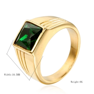 Men's gold-tone stainless steel ring with square green gemstone, width 10.5mm, weight 9g