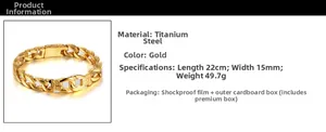 Polished titanium steel gold bracelet for men with 22cm length and 15mm width details