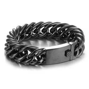 Men's matte black titanium steel Cuban link bracelet with a heavy-duty clasp on white background