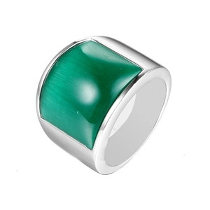 Bague Large en Acier Inoxydable Vintage pour Hommes Femmes Pierre d'Oeil de Chat Verte Carrée Géométrique Poli Bijoux Unisexe