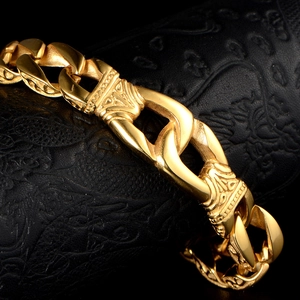 Men's gold-plated curb chain bracelet with vintage engraving on black leather