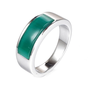 Minimalist stainless steel ring with rectangle emerald green stone inlay for men and women