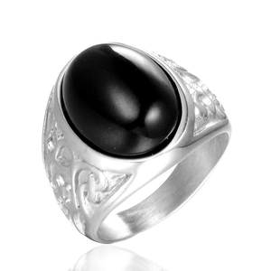 Bague Homme en Acier Inoxydable Vintage Grand Strass Noir Ovale Incrusté Style Punk Rétro Motif de Volutes Bijoux de Doigt