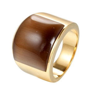 Chunky gold stainless steel ring with a large square tiger eye stone inlay for men