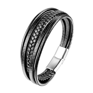Bracelet en Cuir Tissé Multicouche pour Homme Fermoir Magnétique en Acier Inoxydable Noir Corde Tressée Bijoux Punk Décontractés