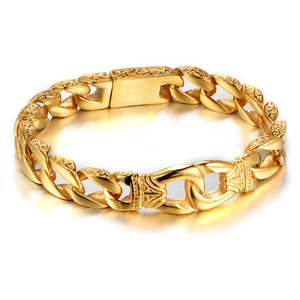 Men's Stainless Steel Cuban Link Bracelet Vintage Engraved Pattern Industrial Style Polished Heavy Fashion Jewelry Bracelet Gift