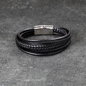 Bracelet multicouche en cuir tressé noir pour homme avec fermoir magnétique en acier inox