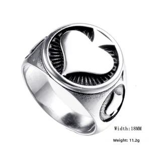 Detail of 18mm vintage steel biker ring with heart spade pattern and size 10 parameters