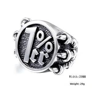 Detailed macro view of 1%er stainless steel biker ring with eagle claw side carvings