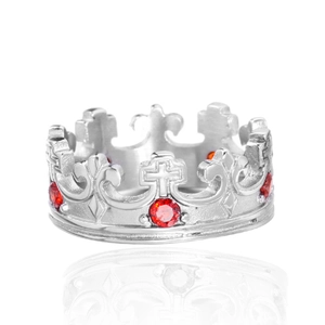 Silver crown ring with ruby stones featuring cross and fleur-de-lis gothic patterns