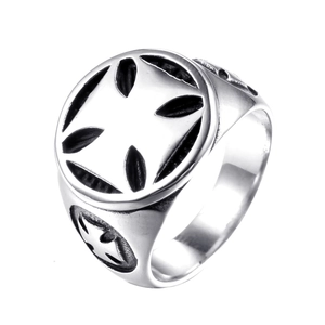 Vintage stainless steel signet ring for men featuring a black cross cutout design