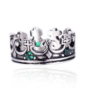 Vintage silver crown ring with cross motif and three sparkling green gemstones