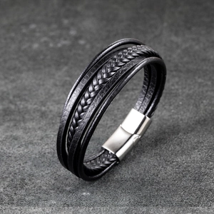 Bracelet multicouche en cuir tressé noir pour homme avec fermoir magnétique en acier inox