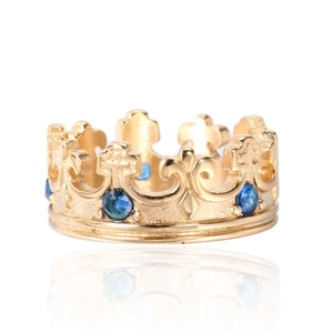 Gothic gold crown ring with blue crystals and vintage bourbon lily heraldic patterns