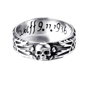 Men's retro punk skull crossbones ring with Wolff 1936 engraving and lightning pattern