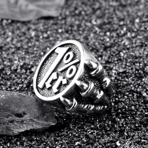 Men's vintage punk fist ring in stainless steel with 1%er engraving and eagle claw texture