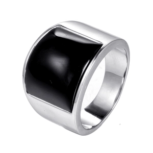 Polished stainless steel signet ring for men featuring a large square black onyx inlay