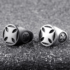 Vintage stainless steel signet rings with embossed Maltese Cross in black and silver finish