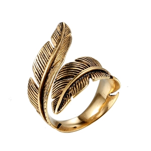 Bague Plume en Acier Titane Vintage pour Hommes Style Bohème Couleur Or Antique Texture Sculptée Bague en Acier Inoxydable