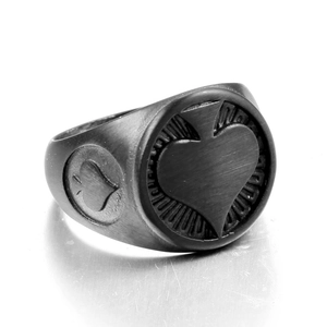 Punk rock spade K stainless steel ring with brushed finish and dark metal texture