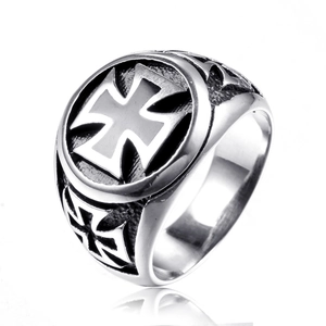 Bague Vintage en Acier Inoxydable Avec Croix de Fer pour Hommes Émail Noir Bouclier Gothique Punk Bijoux de Motard