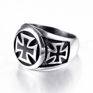 Bague pour homme en acier inoxydable avec emblème de croix de fer noire et côtés gaufrés
