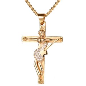 Gold Jesus playing electric guitar cross pendant necklace with white crystal stones