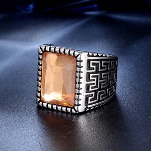 Retro stainless steel signet ring with orange square stone and Greek key pattern