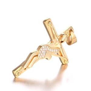 Punk style gold crucifix cross pendant necklace featuring small white zircons