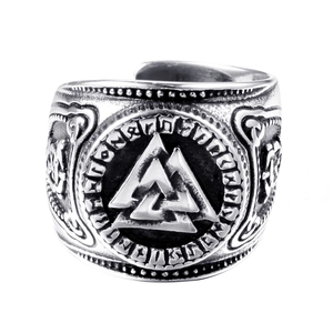 Bague Viking en acier inoxydable avec symbole Valknut et gravures de runes Futhark
