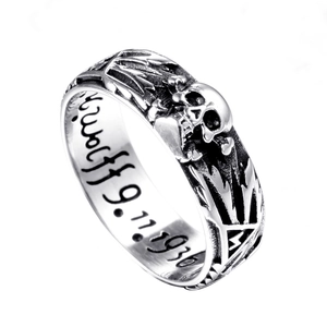 Vintage punk skull ring for men with gothic engravings and silver stainless steel finish