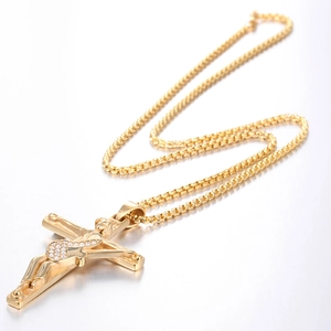 Golden cross necklace with Jesus crucifix pendant and box chain for punk fashion
