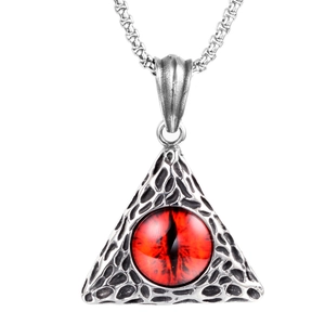 Mens hip hop stainless steel triangle necklace with red diamond eye pendant on white background