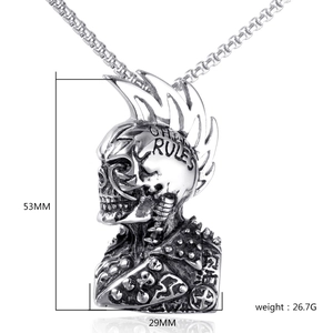 Detailed view of punk skull necklace with size 53mm by 29mm and weight 26.7g dimensions