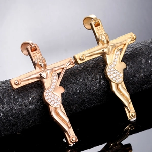 Titanium steel cross guitar pendant necklace set with crystal inlays in gold tones