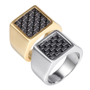 Polished silver and gold titanium steel signet rings with black carbon fiber inlay