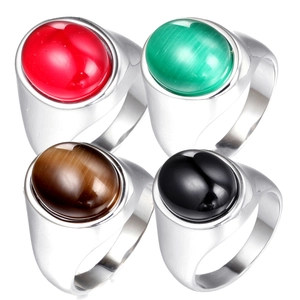 Western Style Polished Stainless Steel Men Geometric Ring With Large Oval Rhinestone Inlay Classic Fashion Jewelry For Banquet Gift