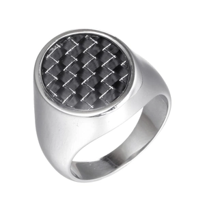 Men's stainless steel ring featuring a black carbon fiber inlay on a polished silver band