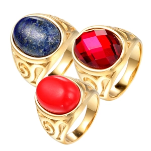 Vintage Titanstahl Ring Für Herren Retro Graviertes Gold-Scroll-Muster Eingelegter Roter Blauer Strass Siegelring Schmuck