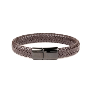 Minimalist double-strand braided brown leather bracelet with black polished magnetic clasp