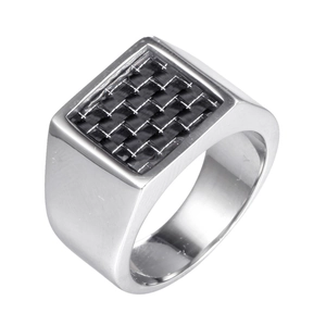 Square titanium steel ring for men featuring a black carbon fiber inlay on brushed silver