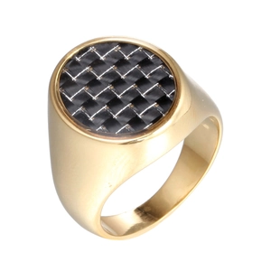 Vintage Stainless Steel Carbon Fiber Inlay Signet Ring For Men Women Gold Silver Polished Round Finger Ring Fashion Jewelry